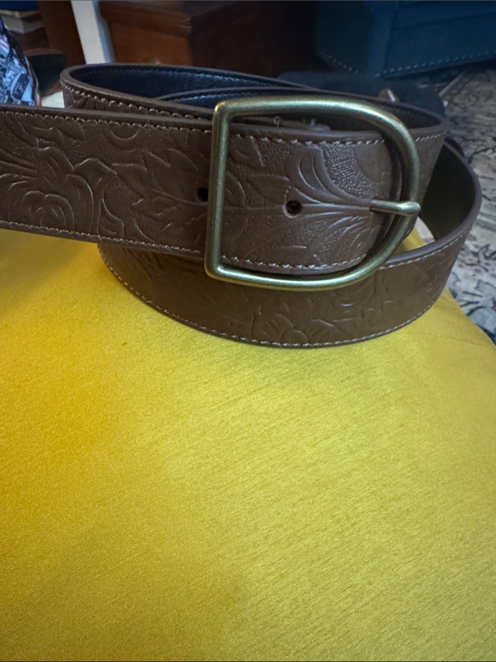 Source Unknown Brown Floral Tooled Belt with Brass-Tone D Buckle